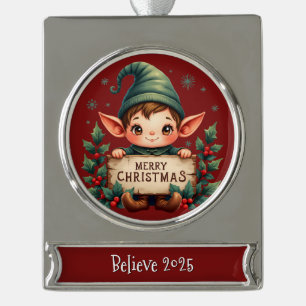 Süßer Weihnachtself hält fröhliches Schild Rot Banner-Ornament Silber