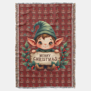 Süßer Weihnachtself hält fröhliches Schild Rot Decke
