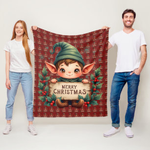 Süßer Weihnachtself hält fröhliches Schild Rot Fleecedecke