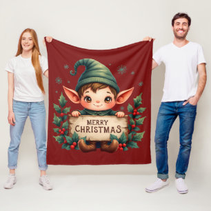 Süßer Weihnachtself hält fröhliches Schild Rot Fleecedecke