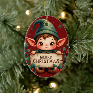 Süßer Weihnachtself hält fröhliches Schild Rot Keramik Ornament
