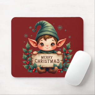 Süßer Weihnachtself hält fröhliches Schild Rot Mousepad