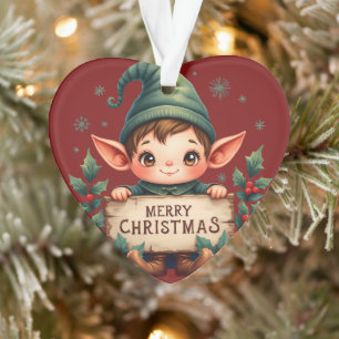 Süßer Weihnachtself hält fröhliches Schild Rot Ornament