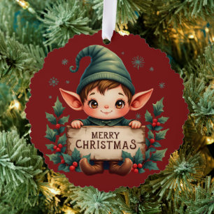 Süßer Weihnachtself hält fröhliches Schild Rot Ornament Karte