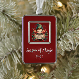 Süßer Weihnachtself hält fröhliches Schild Rot Rahmen-Ornament Silber