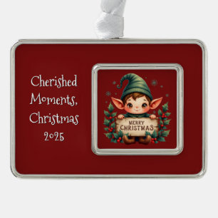 Süßer Weihnachtself hält fröhliches Schild Rot Rahmen-Ornament Silber