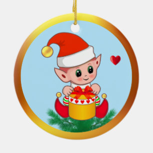 Süßer Weihnachtself & Herzen auf Himmelblau Keramik Ornament