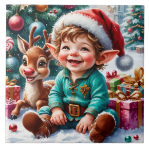 Süßer Weihnachtself & Rentier Fliese