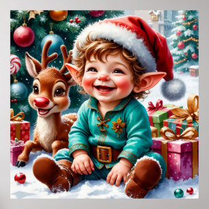 Süßer Weihnachtself & Rentier Poster