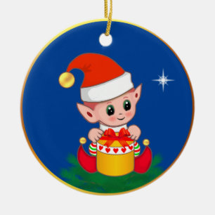 Süßer Weihnachtself & Stern auf Blau Keramik Ornament