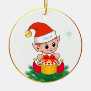 Süßer Weihnachtself & Stern auf Weiß Keramik Ornament