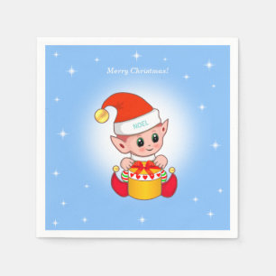 Süßer Weihnachtself & Sterne auf hellblau Serviette