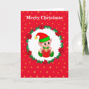 Süßer Weihnachtself, Tannenkranz & Sterne Karte