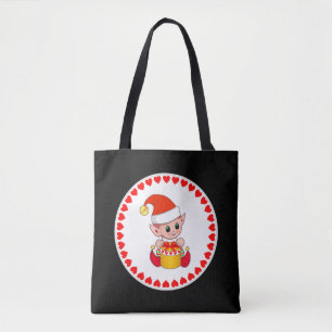 Süßer Weihnachtself umgeben von Herzen auf Schwarz Tasche