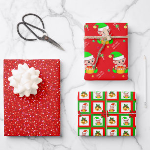 Süßer Weihnachtself und Glocken auf Grün und Rot Geschenkpapier Set
