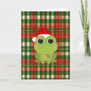 Süßer Weihnachtsfrosch auf festlichem rotem grünem Feiertagskarte