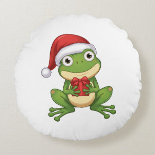 Süßer Weihnachtsfrosch mit Santa-Hut und Geschenk Rundes Kissen