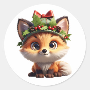 Süßer Weihnachtsfuchs mit Hut aus Stechpalmenbeere Runder Aufkleber
