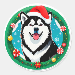 Süßer Weihnachtshund im festlichen Weihnachtskreis Runder Aufkleber
