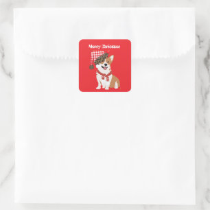 Süßer Weihnachtshund mit Weihnachtsmannmütze Quadratischer Aufkleber