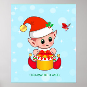 Süßer Weihnachtskleiner Elf & roter Vogel Poster