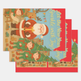 Süßer Weihnachtsmann & Elfen Neujahrs-Grußkarte Geschenkpapier Set