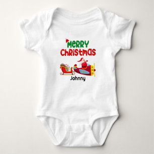 Süßer Weihnachtsmann fliegt in Flugzeug und Schlit Baby Strampler