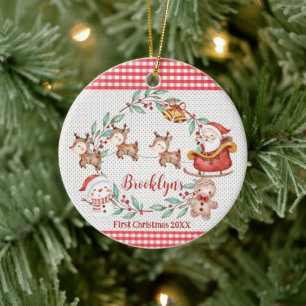 Süßer Weihnachtsmann-Rentier 1. Weihnachtsfoto Keramik Ornament