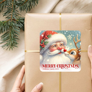 Süßer Weihnachtsmann Rudolph personalisierter Feie Quadratischer Aufkleber