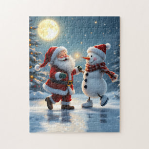 Süßer Weihnachtsmann und Schneemann tanzen auf Eis