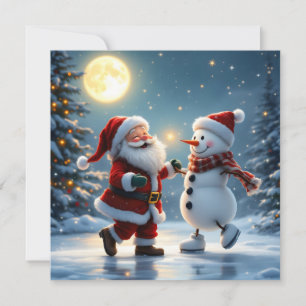 Süßer Weihnachtsmann und Schneemann tanzen im Wint Feiertagskarte