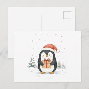 Süßer Weihnachtspinguin mit Geschenk und Santa-Müt Postkarte
