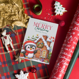 Süßer Weihnachtspinguin und Lebkuchenhäuschen Feiertagskarte