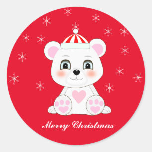Süßer Weihnachtspolarbär und Schneeflocken auf Rot Runder Aufkleber