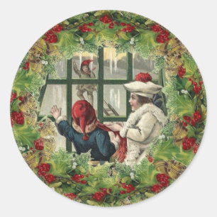 Süßer Weihnachtssticker Kinder am Fenster Runder Aufkleber