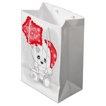 Süßer weißer Bär mit rotem Weihnachtsballon