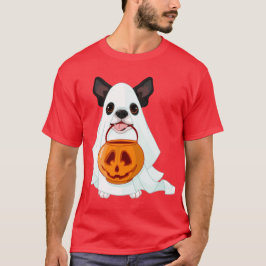 Süßer weißer Halloween-Geist-Hund mit Kürbiskübel T-Shirt