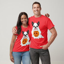 Süßer weißer Halloween-Geist-Hund mit Kürbiskübel T-Shirt