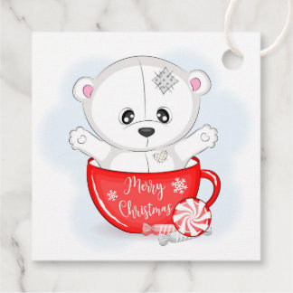 Süßer weißer Teddybär in Tasse Frohe Weihnachten Geschenkanhänger