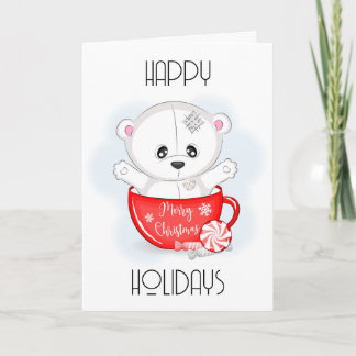 Süßer weißer Teddybär in Weihnachtstasse Feiertagskarte