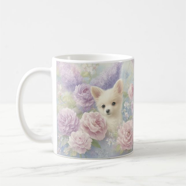 süßer weißer Welpe mit Blumen Kaffeetasse (Links)