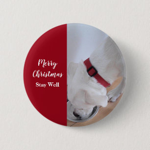 Süßer weißer Welpe trinkt Wasser Weihnachten Rot Button