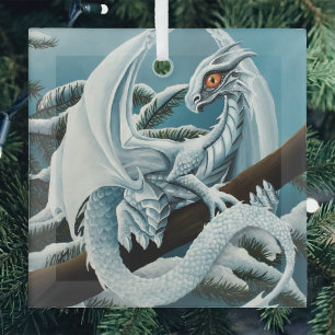 Süßer weißer Winterdrache Schneebedeckte Kiefer Fa Ornament Aus Glas