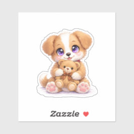 Süßer Welpe hält Teddybär Quadratischer Aufkleber