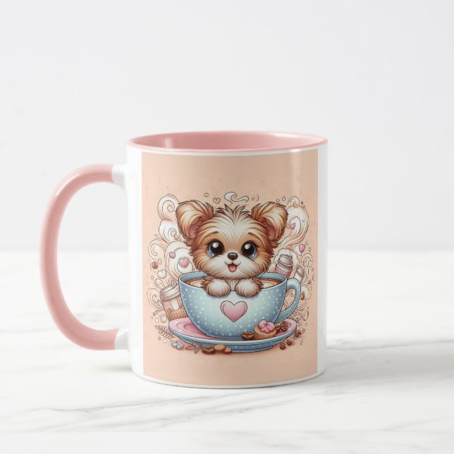 Süßer Welpe in der Kaffeetasse mit Herzen (Links)