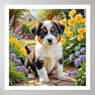 Süßer Welpe mit Blumen Poster