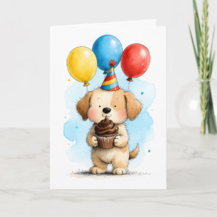Süßer Welpe mit Cupcake zum Kindergeburtstag Karte