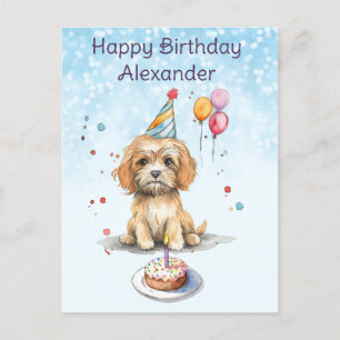 Süßer Welpe mit Partyhut zum Geburtstag Postkarte