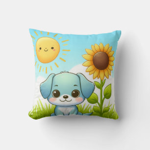 Süßer Welpe mit Sonnenblume und lächelnder Sonne Kissen
