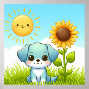 Süßer Welpe mit Sonnenblume und lächelnder Sonne Poster